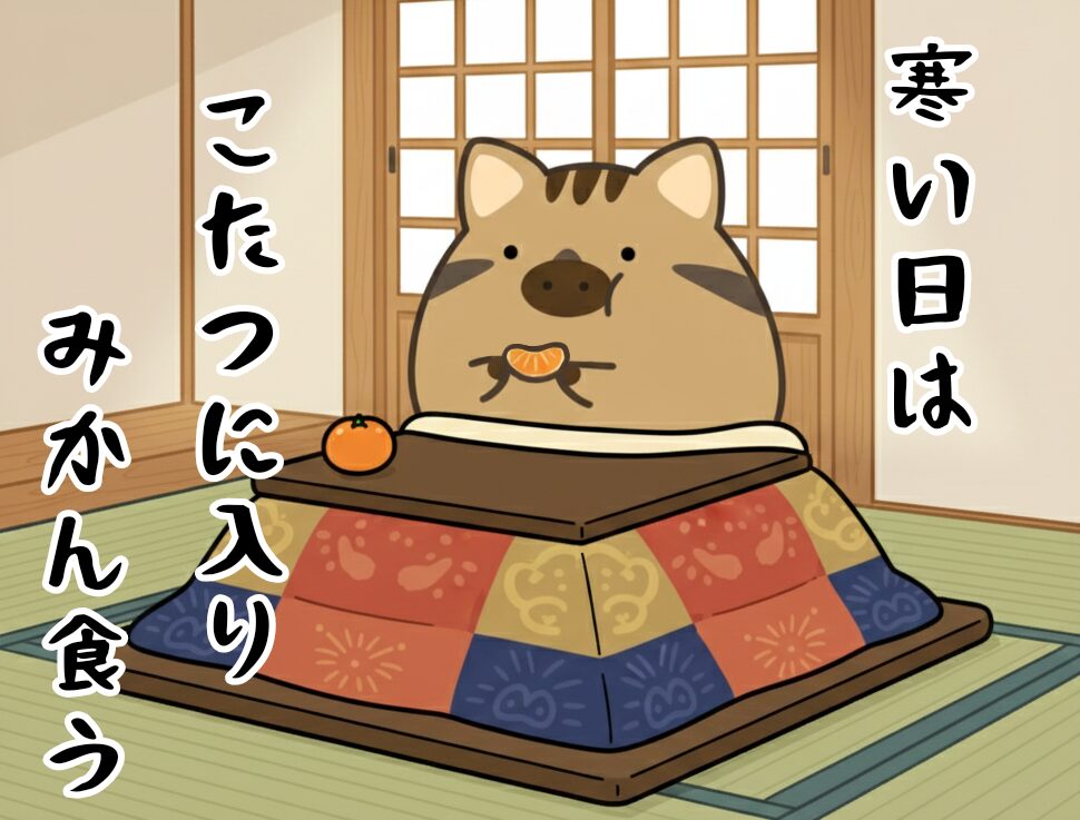 コタツに入ってみかんを食べるプーちゃん